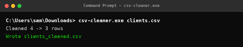 Running csv-cleaner.exe on a messy CSV in Windows Command Prompt